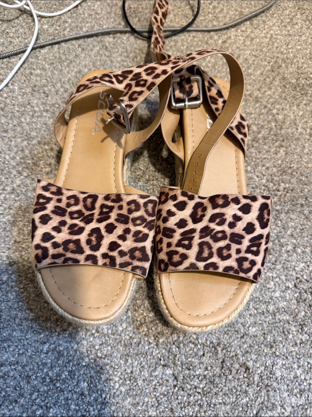 Soda Leopard Print Ankle Strap Sandals - Brown/Tan